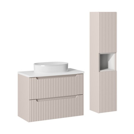 Set mobilier de baie Nova Cashmere, MDF, PAL melaminat, cashmir mat, blat alb mat, L.80 cm, lavoar Beyond, dulap inalt H.140 cm, SET-NOC B WHITE 80CM S UN BEYOND 5 WH HC