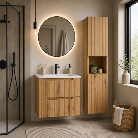 Set mobilier de baie Nova Coast Evoke, MDF, PAL melaminat, stejar evoke, lavoar Sky, L.60 cm, dulap inalt H.140 cm, SET-NOCE 60CM S SKY 3 HC