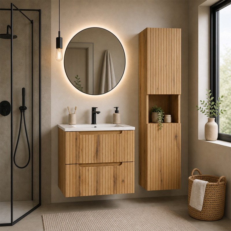 Set mobilier de baie Nova Coast Evoke, MDF, PAL melaminat, stejar evoke, lavoar Sky, L.60 cm, dulap inalt H.140 cm, SET-NOCE 60CM S SKY 3 HC