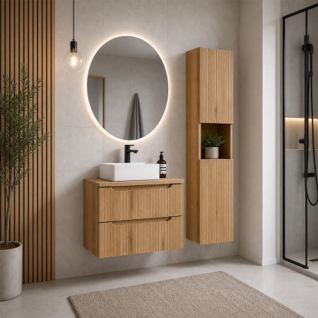 Set mobilier de baie Nova Coast Evoke, MDF, PAL melaminat, stejar evoke, blat stejar evoke, L.50 cm, lavoar Gaja, dulap inalt H.140 cm, SET-NOCE B OAK 50CM S UN GAJA HC