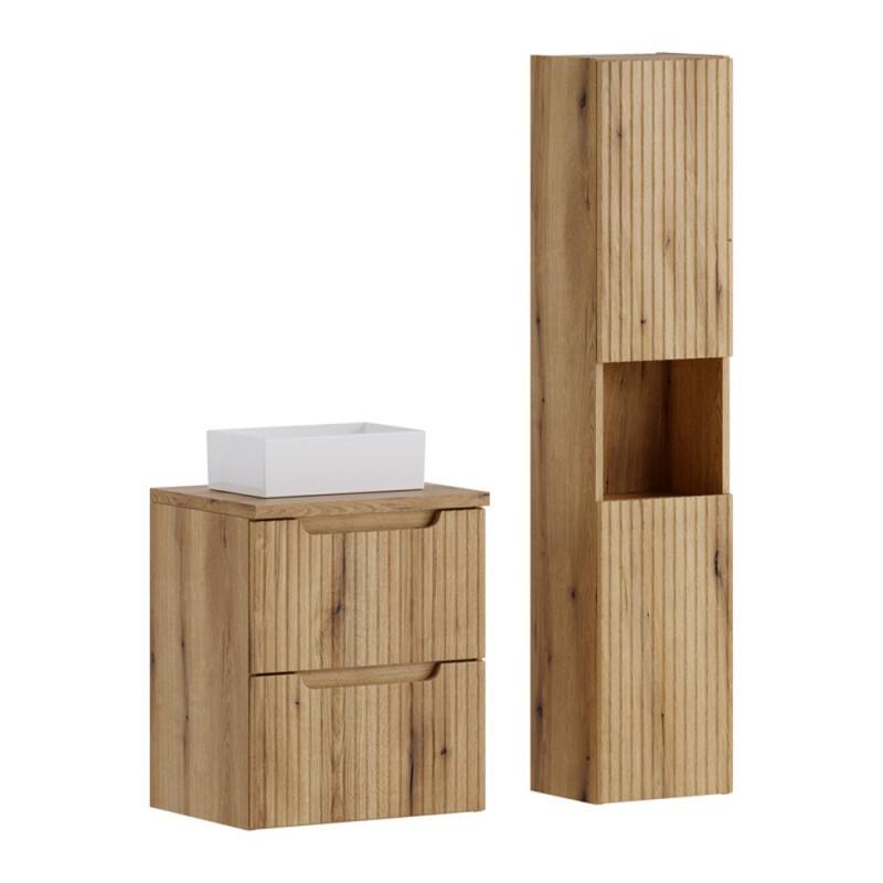 Set mobilier de baie Nova Coast Evoke, MDF, PAL melaminat, stejar evoke, blat stejar evoke, L.50 cm, lavoar Gaja, dulap inalt H.140 cm, SET-NOCE B OAK 50CM S UN GAJA HC