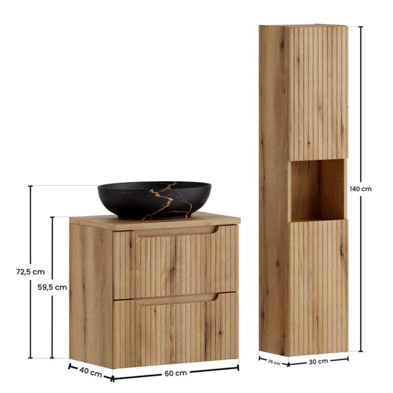 Set mobilier de baie Nova Coast Evoke, MDF, PAL melaminat, stejar evoke, blat stejar evoke, L.60 cm, lavoar Mona, dulap inalt H.140 cm, SET-NOCE B OAK 60CM S UN MONA HC
