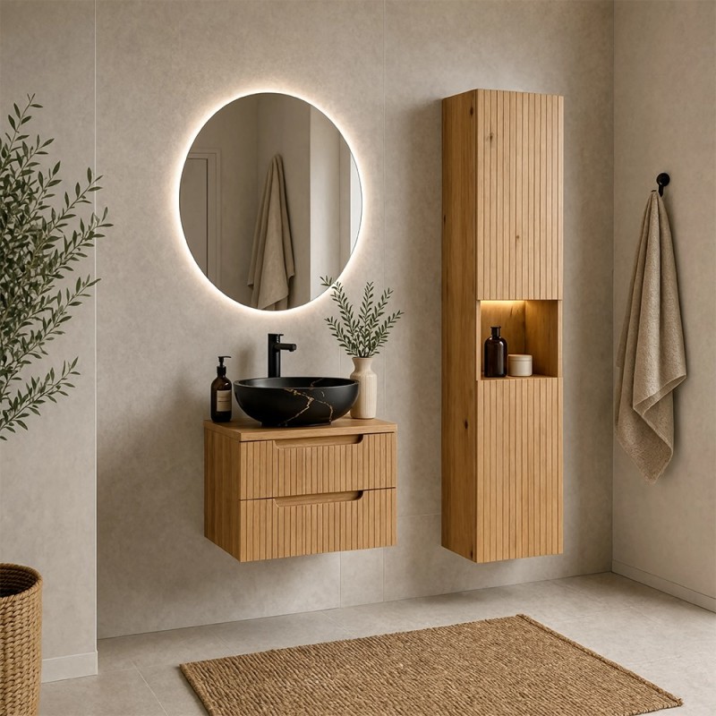 Set mobilier de baie Nova Coast Evoke, MDF, PAL melaminat, stejar evoke, blat stejar evoke, L.60 cm, lavoar Mona, dulap inalt H.140 cm, SET-NOCE B OAK 60CM S UN MONA HC