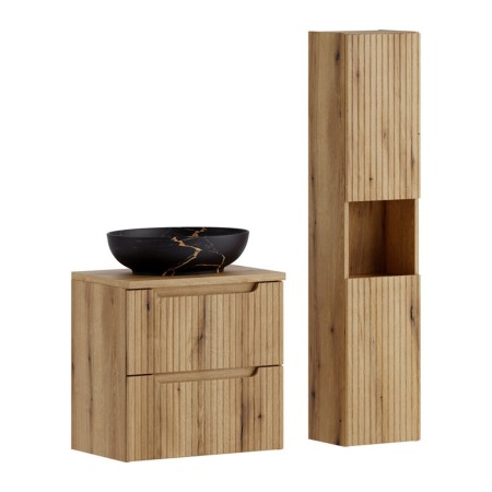 Set mobilier de baie Nova Coast Evoke, MDF, PAL melaminat, stejar evoke, blat stejar evoke, L.60 cm, lavoar Mona, dulap inalt H.140 cm, SET-NOCE B OAK 60CM S UN MONA HC