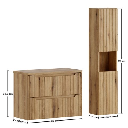 Set mobilier de baie Nova Coast Evoke, MDF, PAL melaminat, stejar evoke, blat stejar evoke, L.80 cm, dulap inalt H.140 cm, SET-NOCE B OAK 80CM S HC