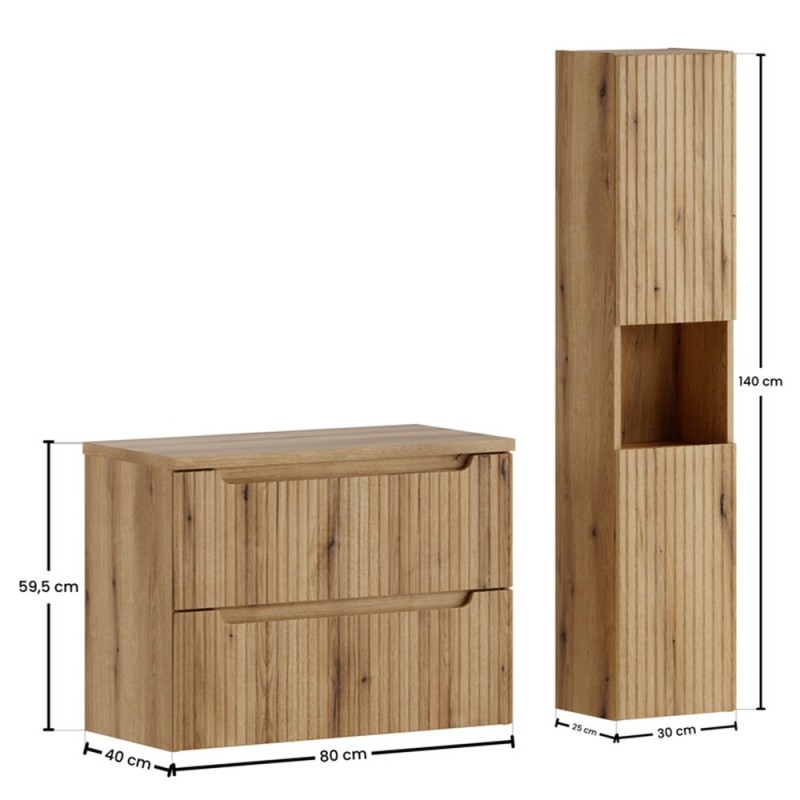 Set mobilier de baie Nova Coast Evoke, MDF, PAL melaminat, stejar evoke, blat stejar evoke, L.80 cm, dulap inalt H.140 cm, SET-NOCE B OAK 80CM S HC
