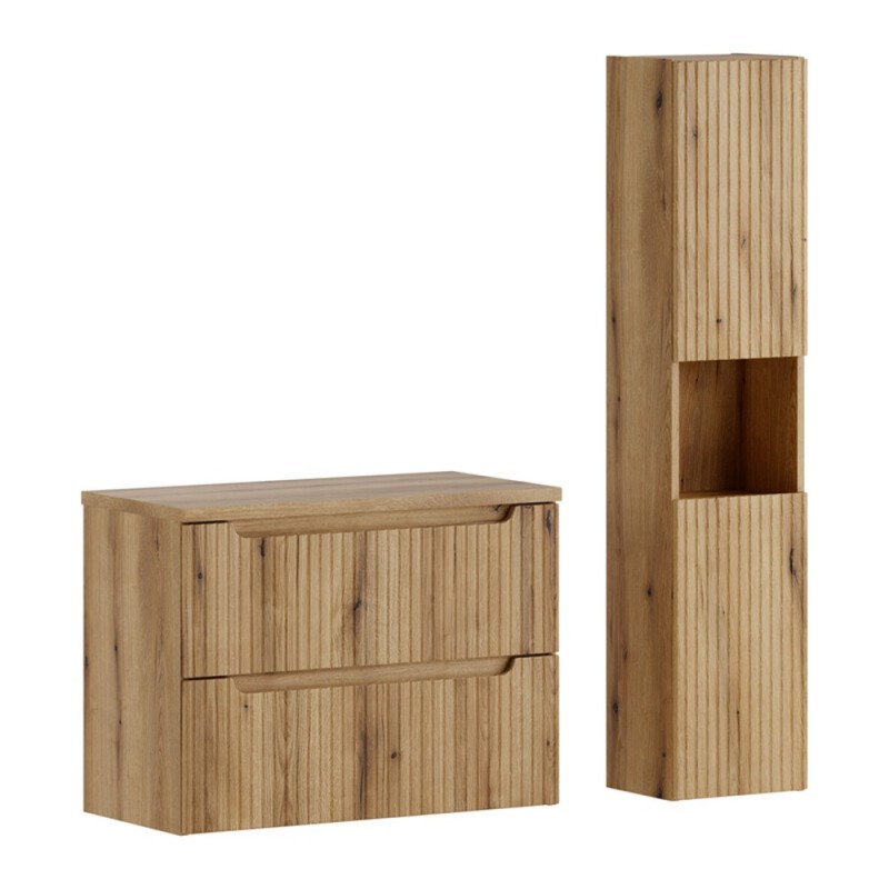 Set mobilier de baie Nova Coast Evoke, MDF, PAL melaminat, stejar evoke, blat stejar evoke, L.80 cm, dulap inalt H.140 cm, SET-NOCE B OAK 80CM S HC