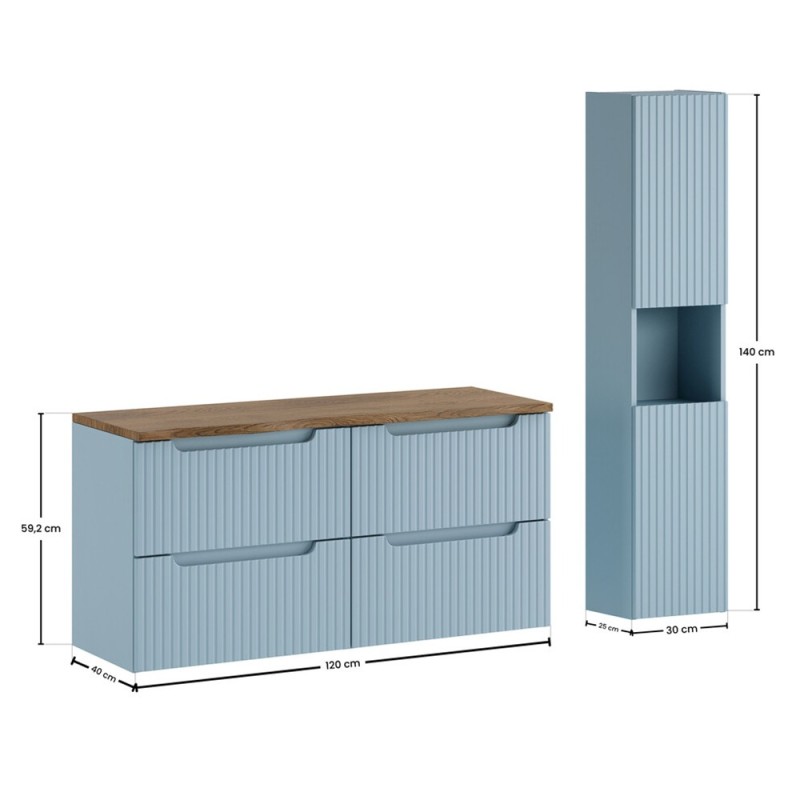 Set mobilier de baie Nova Denim, MDF, PAL melaminat, denim, blat stejar casella, L.120 cm, dulap inalt H.140 cm, SET-NOD B NAT CASELLA 120CM S HC