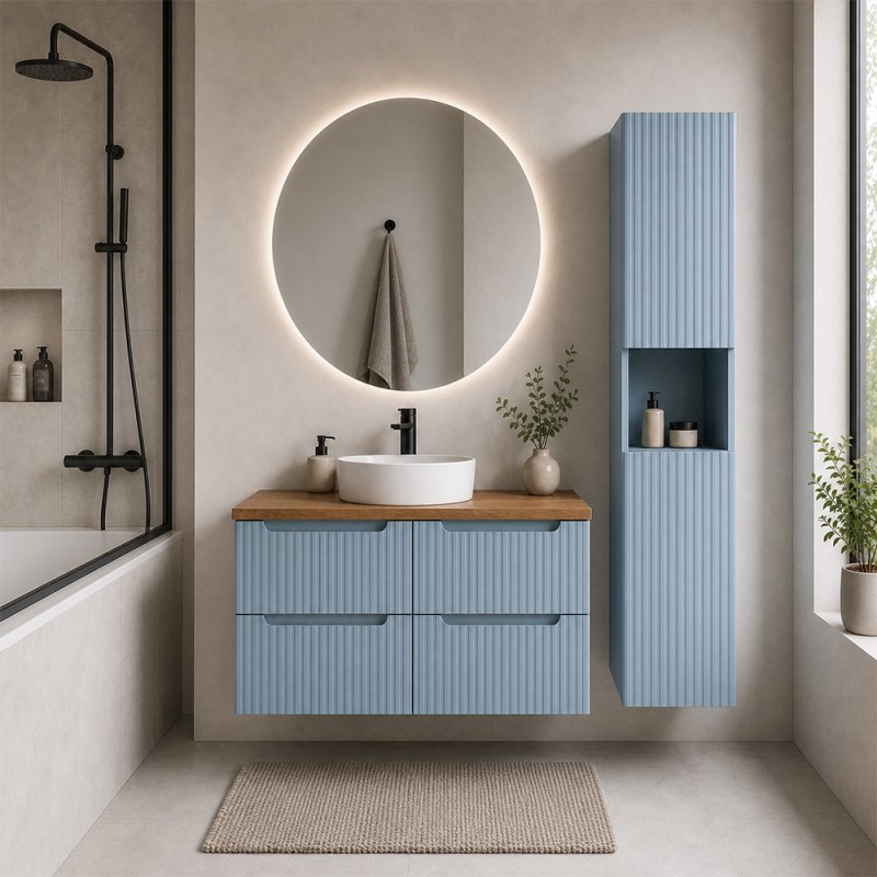 Set mobilier de baie Nova Denim, MDF, PAL melaminat, denim, blat stejar casella, L.120 cm, dulap inalt H.140 cm, SET-NOD B NAT CASELLA 120CM S HC