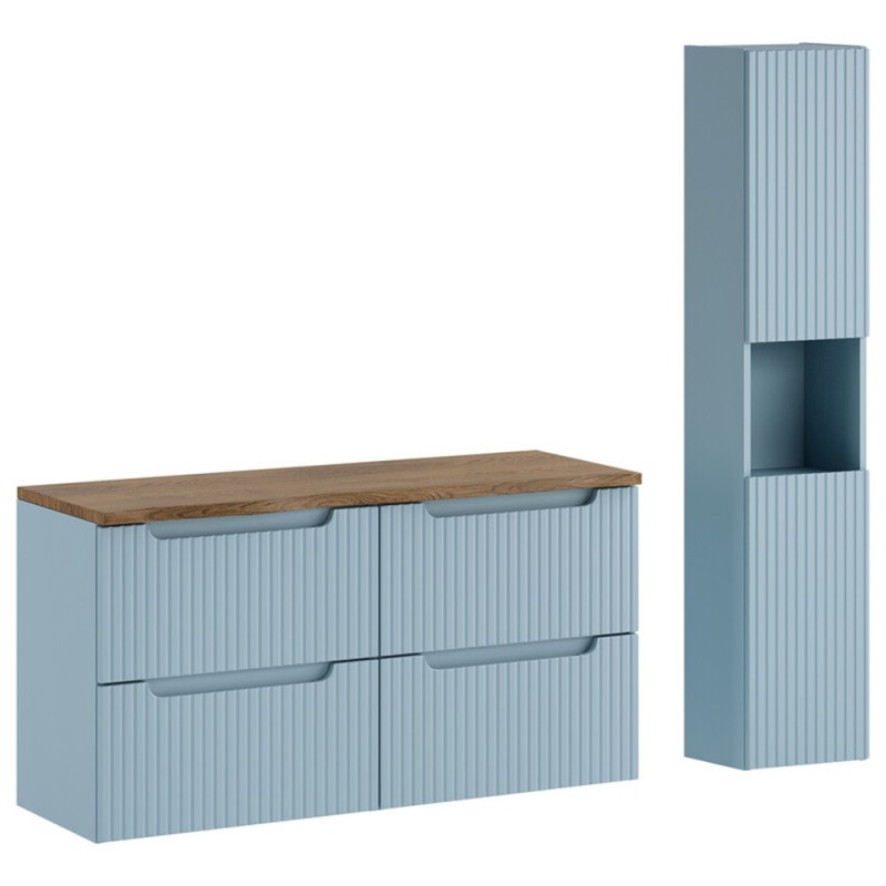 Set mobilier de baie Nova Denim, MDF, PAL melaminat, denim, blat stejar casella, L.120 cm, dulap inalt H.140 cm, SET-NOD B NAT CASELLA 120CM S HC