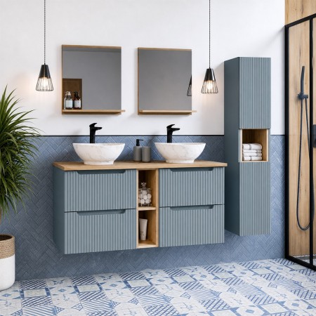 Set mobilier de baie Nova Denim, MDF, PAL melaminat, denim, blat stejar evoke, L.140 cm, SET-NOD B OAK 140CM S