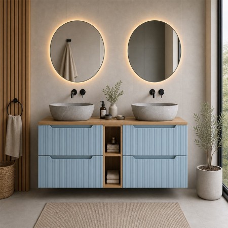 Set mobilier de baie Nova Denim, MDF, PAL melaminat, denim, blat stejar evoke, L.140 cm, lavoare Anna, SET-NOD B OAK 140CM S UN ANNA