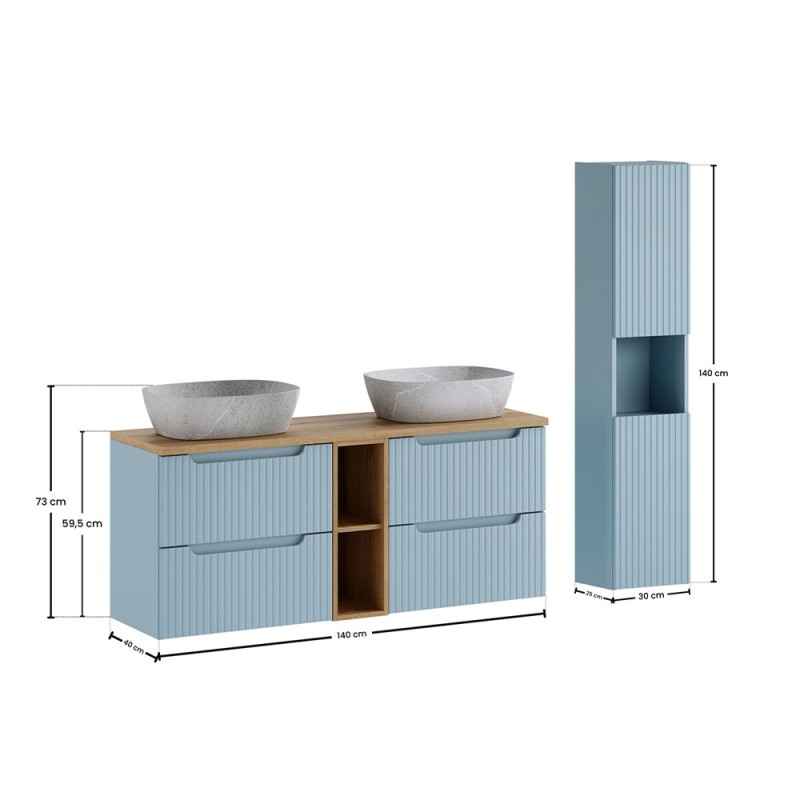 Set mobilier de baie Nova Denim, MDF, PAL melaminat, denim, blat stejar evoke, L.140 cm, lavoare Anna, dulap inalt H.140 cm, SET-NOD B OAK 140CM S UN ANNA HC