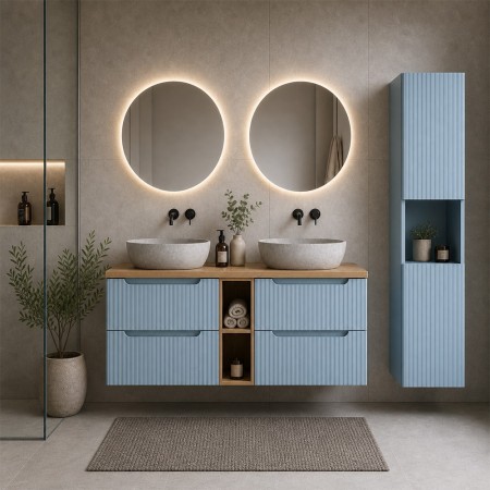Set mobilier de baie Nova Denim, MDF, PAL melaminat, denim, blat stejar evoke, L.140 cm, lavoare Anna, dulap inalt H.140 cm, SET-NOD B OAK 140CM S UN ANNA HC