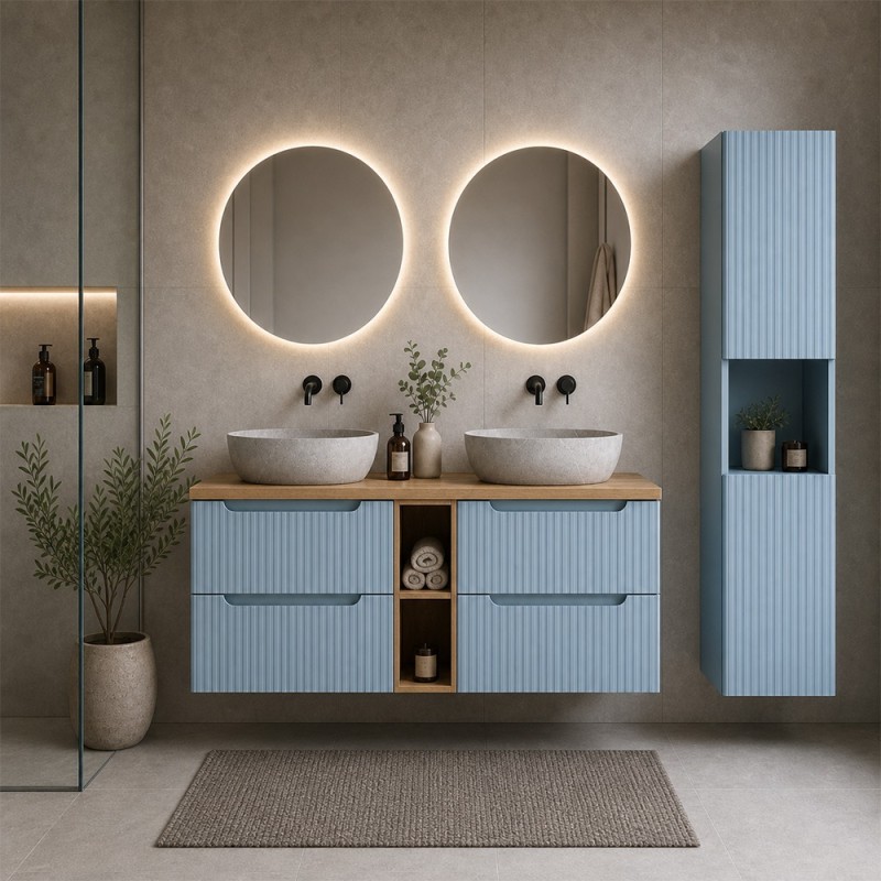 Set mobilier de baie Nova Denim, MDF, PAL melaminat, denim, blat stejar evoke, L.140 cm, lavoare Anna, dulap inalt H.140 cm, SET-NOD B OAK 140CM S UN ANNA HC