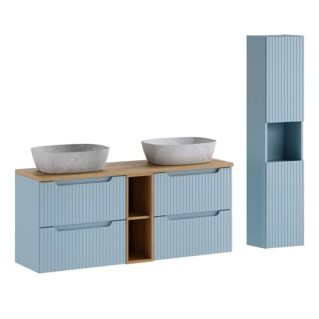 Set mobilier de baie Nova Denim, MDF, PAL melaminat, denim, blat stejar evoke, L.140 cm, lavoare Anna, dulap inalt H.140 cm, SET-NOD B OAK 140CM S UN ANNA HC