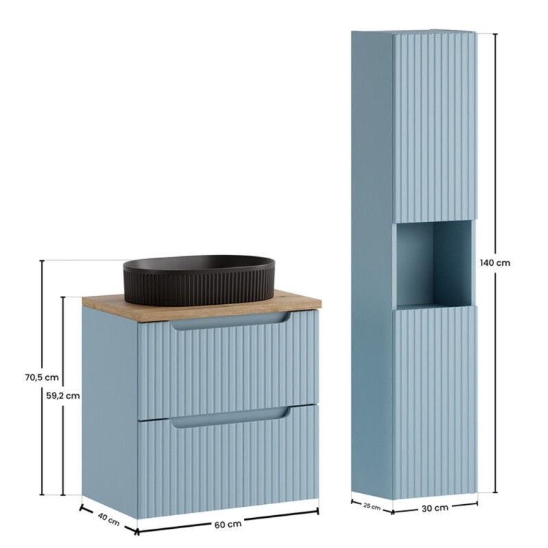 Set mobilier de baie Nova Denim, MDF, PAL melaminat, denim, blat stejar evoke, L.60 cm, lavoar Beyond, dulap inalt H.140 cm, SET-NOD B OAK 60CM S UN BEYOND HC