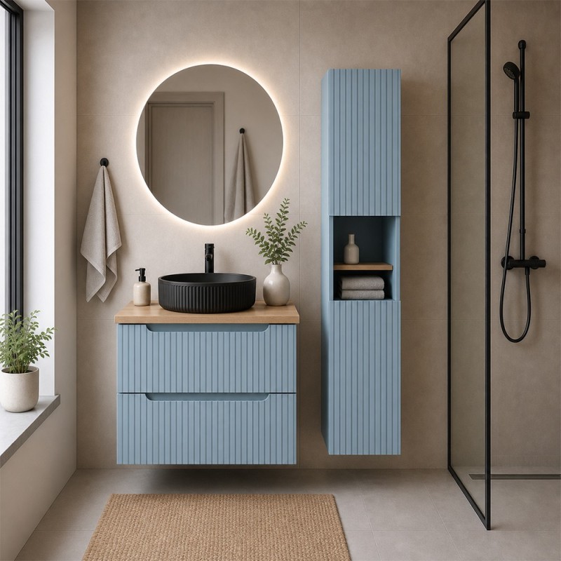 Set mobilier de baie Nova Denim, MDF, PAL melaminat, denim, blat stejar evoke, L.60 cm, lavoar Beyond, dulap inalt H.140 cm, SET-NOD B OAK 60CM S UN BEYOND HC