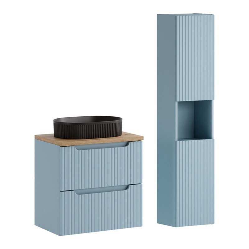 Set mobilier de baie Nova Denim, MDF, PAL melaminat, denim, blat stejar evoke, L.60 cm, lavoar Beyond, dulap inalt H.140 cm, SET-NOD B OAK 60CM S UN BEYOND HC