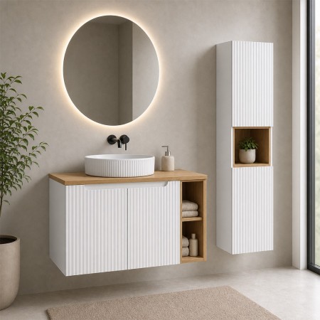Set mobilier de baie Nova White, MDF, PAL melaminat, alb, blat stejar evoke, L.100 cm, lavoar Beyond, dulap inalt H.140 cm, SET-NOW B OAK 100CM UN BEYOND WH HC LR