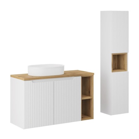 Set mobilier de baie Nova White, MDF, PAL melaminat, alb, blat stejar evoke, L.100 cm, lavoar Beyond, dulap inalt H.140 cm, SET-NOW B OAK 100CM UN BEYOND WH HC LR