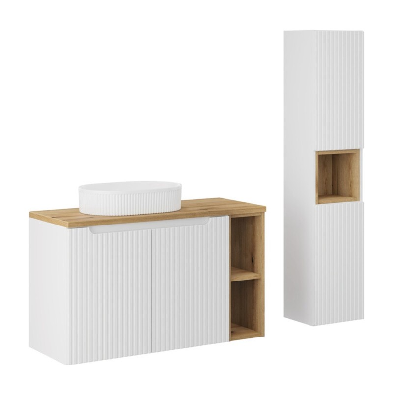 Set mobilier de baie Nova White, MDF, PAL melaminat, alb, blat stejar evoke, L.100 cm, lavoar Beyond, dulap inalt H.140 cm, SET-NOW B OAK 100CM UN BEYOND WH HC LR