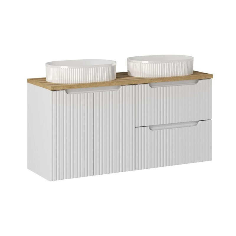 Set mobilier de baie Nova White, MDF, PAL melaminat, alb, blat stejar evoke, L.120 cm, lavoare Beyond, SET-NOW B OAK 120CM S / D UN BEYOND 5 WH