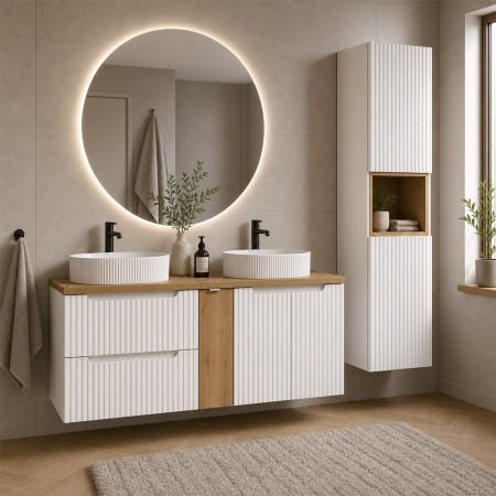 Set mobilier de baie Nova White, MDF, PAL melaminat, alb, blat stejar evoke, L.140 cm, lavoare Beyond, dulap inalt H.140 cm, SET-NOW B OAK 140CM D UN BEYOND 5 WH HC
