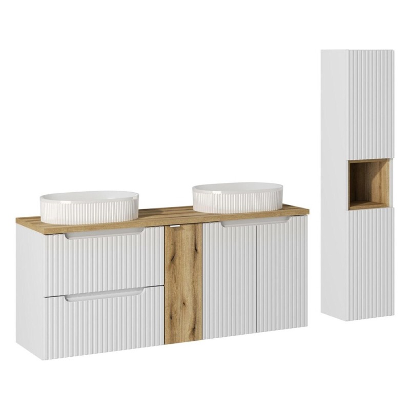 Set mobilier de baie Nova White, MDF, PAL melaminat, alb, blat stejar evoke, L.140 cm, lavoare Beyond, dulap inalt H.140 cm, SET-NOW B OAK 140CM D UN BEYOND 5 WH HC