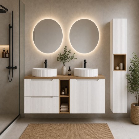 Set mobilier de baie Nova White, MDF, PAL melaminat, alb, blat stejar evoke, L.140 cm, lavoare Beyond, dulap inalt H.140 cm, SET-NOW B OAK 140CM UN BEYOND WH HC LR