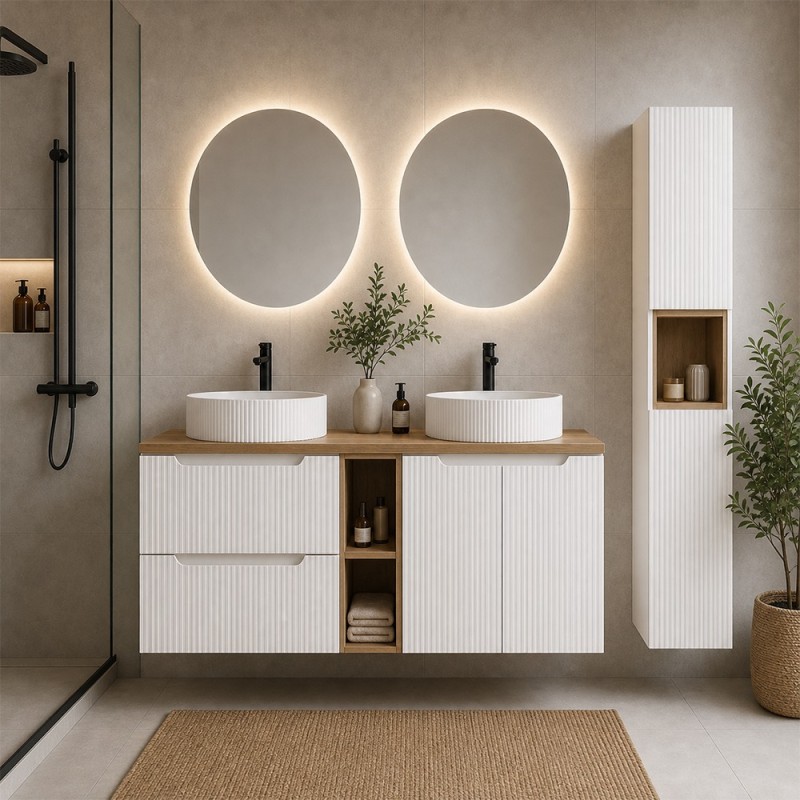 Set mobilier de baie Nova White, MDF, PAL melaminat, alb, blat stejar evoke, L.140 cm, lavoare Beyond, dulap inalt H.140 cm, SET-NOW B OAK 140CM UN BEYOND WH HC LR