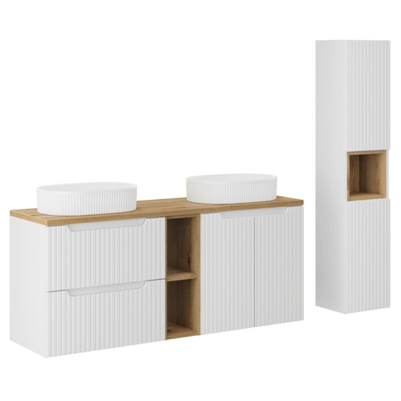 Set mobilier de baie Nova White, MDF, PAL melaminat, alb, blat stejar evoke, L.140 cm, lavoare Beyond, dulap inalt H.140 cm, SET-NOW B OAK 140CM UN BEYOND WH HC LR