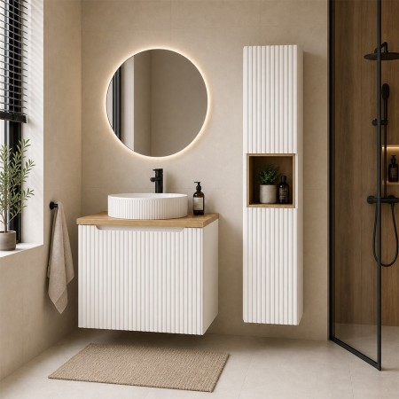 Set mobilier de baie Nova White, MDF, PAL melaminat, alb, blat stejar evoke, L.80 cm, lavoar Beyond, dulap inalt H.140 cm, SET-NOW B OAK 80CM D UN BEYOND 5 WH HC