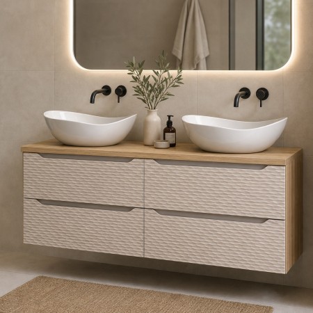 Set mobilier de baie Ocean Beige, MDF, PAL melaminat, stejar/bej, blat stejar uleiat, L.120 cm, lavoare Cloud, SET-OCB B 120CM (2X60) S UN CLOUD