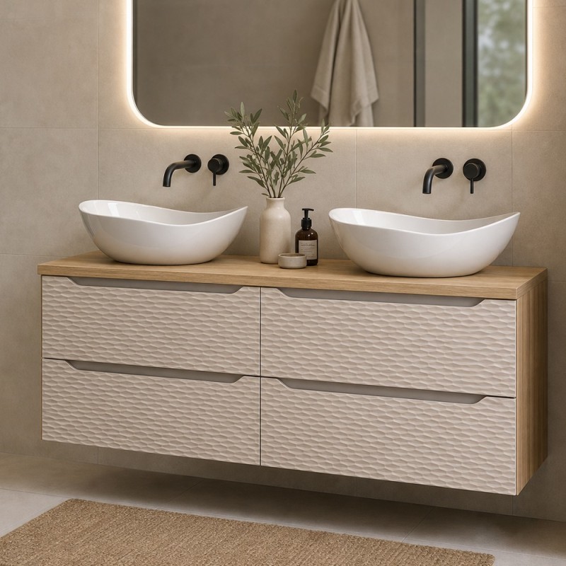 Set mobilier de baie Ocean Beige, MDF, PAL melaminat, stejar/bej, blat stejar uleiat, L.120 cm, lavoare Cloud, SET-OCB B 120CM (2X60) S UN CLOUD