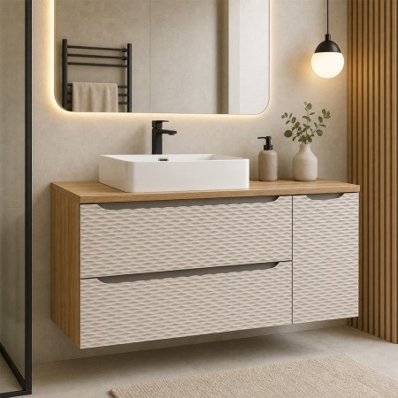 Set mobilier de baie Ocean Beige, MDF, PAL melaminat, stejar/bej, blat stejar uleiat, L.120 cm, lavoar Trust, SET-OCB B 120CM S UN TRUST WH LC
