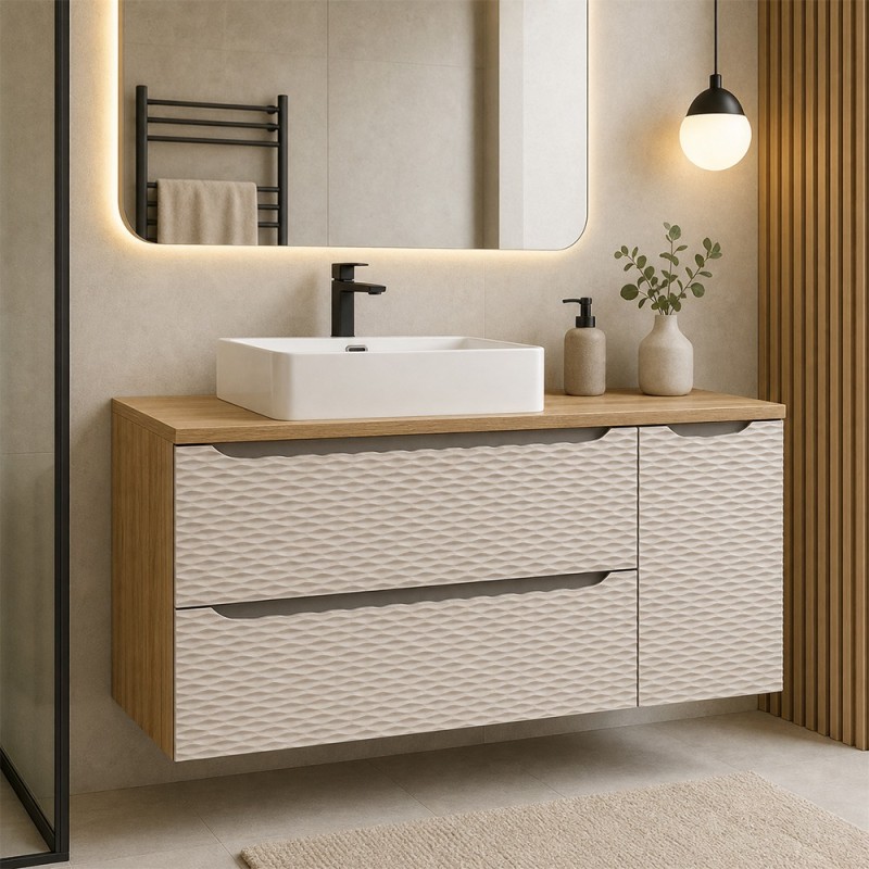 Set mobilier de baie Ocean Beige, MDF, PAL melaminat, stejar/bej, blat stejar uleiat, L.120 cm, lavoar Trust, SET-OCB B 120CM S UN TRUST WH LC