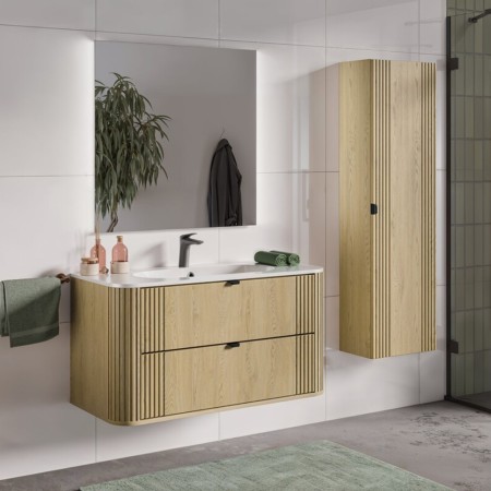 Set mobilier de baie Ovalia Cremona, MDF, PAL melaminat, stejar cremona, lavoar Pure, L.100 cm, dulap inalt H.140 cm, SET-OVC 100CM UM PURE HC