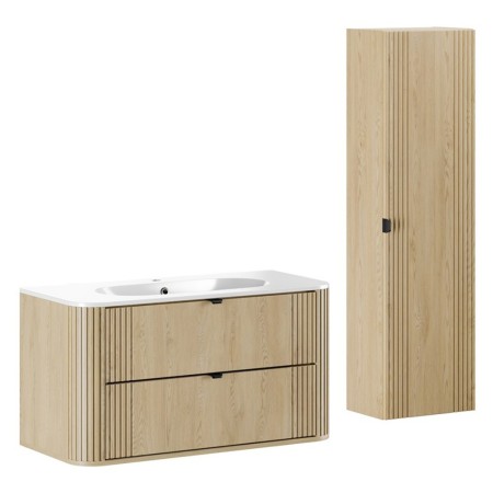 Set mobilier de baie Ovalia Cremona, MDF, PAL melaminat, stejar cremona, lavoar Pure, L.100 cm, dulap inalt H.140 cm, SET-OVC 100CM UM PURE HC