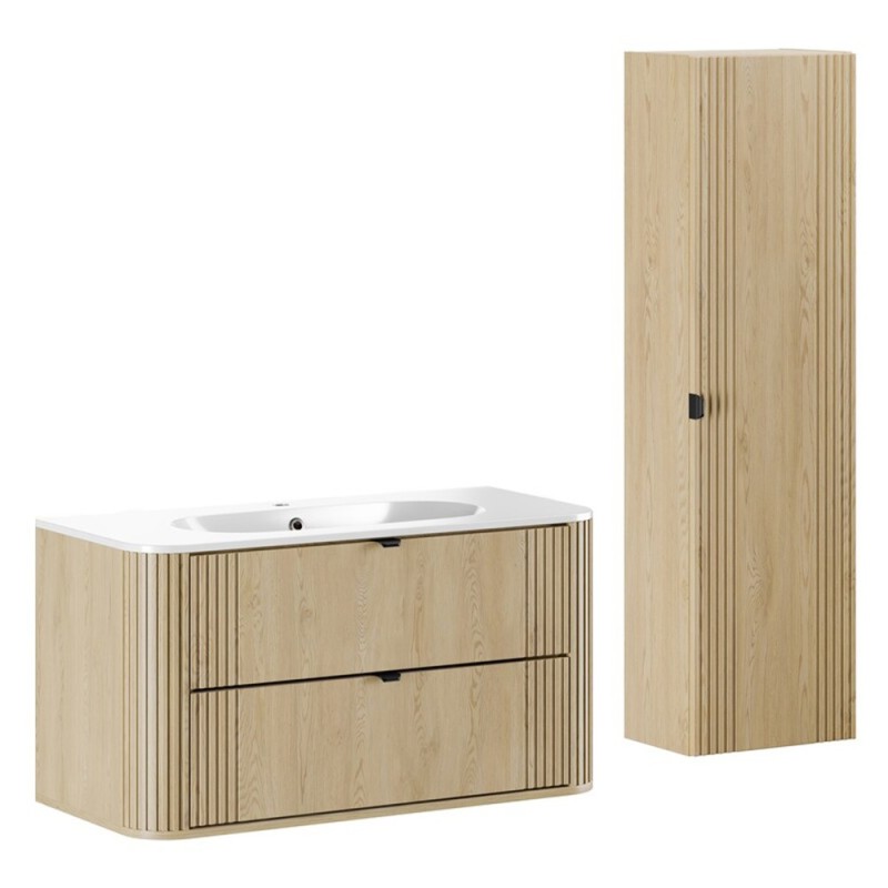 Set mobilier de baie Ovalia Cremona, MDF, PAL melaminat, stejar cremona, lavoar Pure, L.100 cm, dulap inalt H.140 cm, SET-OVC 100CM UM PURE HC