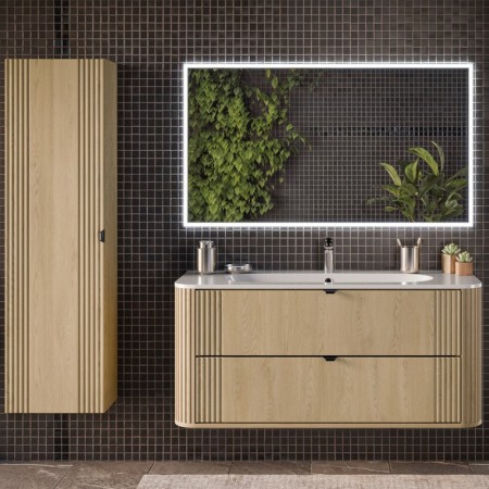 Set mobilier de baie Ovalia Cremona, MDF, PAL melaminat, stejar cremona, lavoar Pure, L.120 cm, dulap inalt H.140 cm, SET-OVC 120CM UM PURE HC