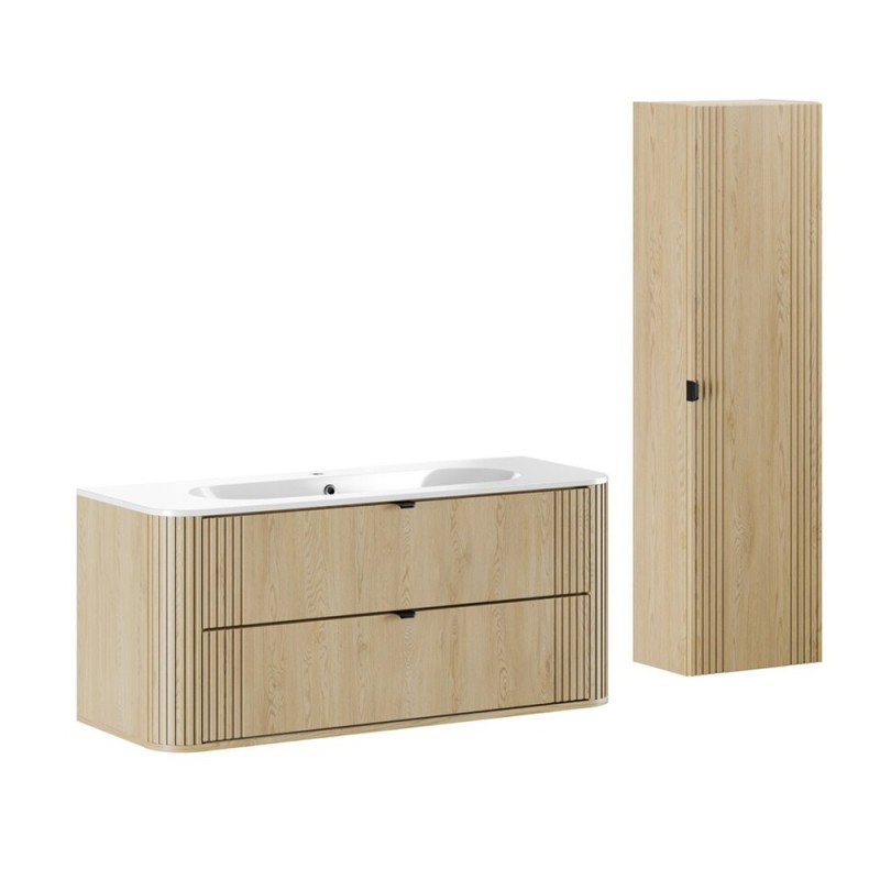 Set mobilier de baie Ovalia Cremona, MDF, PAL melaminat, stejar cremona, lavoar Pure, L.120 cm, dulap inalt H.140 cm, SET-OVC 120CM UM PURE HC