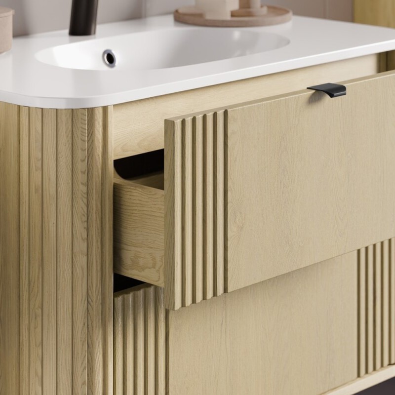 Set mobilier de baie Ovalia Cremona, MDF, PAL melaminat, stejar cremona, lavoar Pure, L.80 cm, SET-OVC 80CM UM PURE