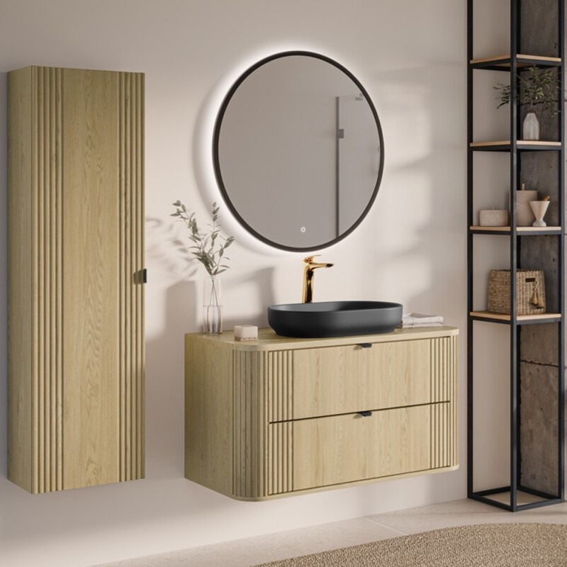 Set mobilier de baie Ovalia Cremona, MDF, PAL melaminat, stejar cremona, blat stejar cremona, L.100 cm, dulap inalt H.140 cm, SET-OVC B CREMONA 100CM HC