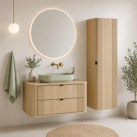 Set mobilier de baie Ovalia Cremona, MDF, PAL melaminat, stejar cremona, blat stejar cremona, L.80 cm, lavoar River, dulap inalt H.140 cm, SET-OVC B CREMONA 80CM UN RIVER OG HC