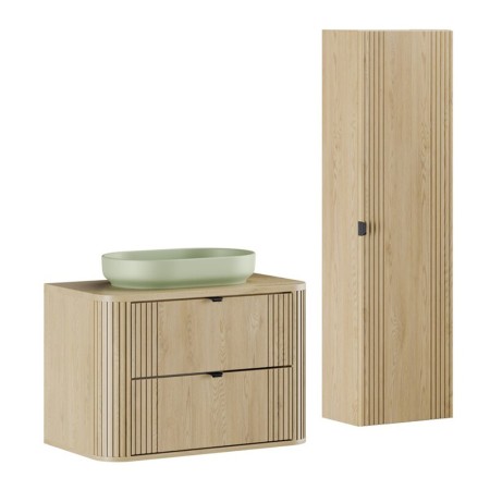 Set mobilier de baie Ovalia Cremona, MDF, PAL melaminat, stejar cremona, blat stejar cremona, L.80 cm, lavoar River, dulap inalt H.140 cm, SET-OVC B CREMONA 80CM UN RIVER OG HC
