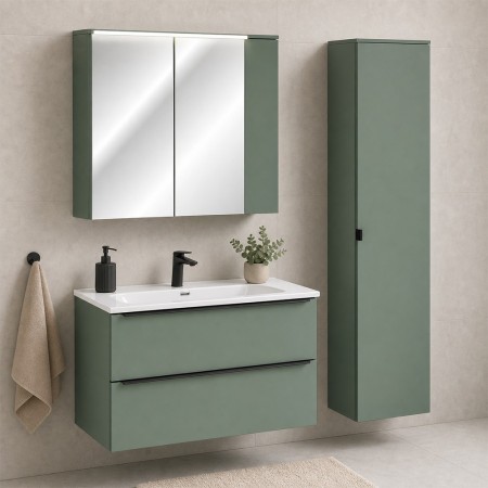 Set mobilier de baie Sombra Green, PAL melaminat, verde olive, lavoar Fly, dulap suspendat, dulap inalt H.172 cm, SET-SOG 100CM FLY NB MC HC