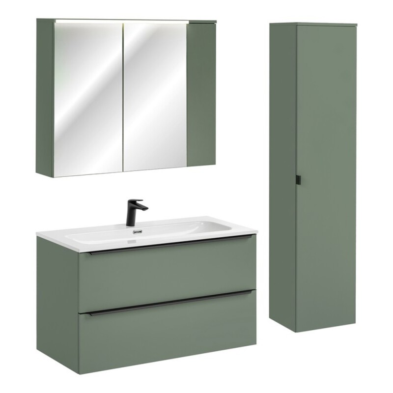 Set mobilier de baie Sombra Green, PAL melaminat, verde olive, lavoar Fly, dulap suspendat, dulap inalt H.172 cm, SET-SOG 100CM FLY NB MC HC