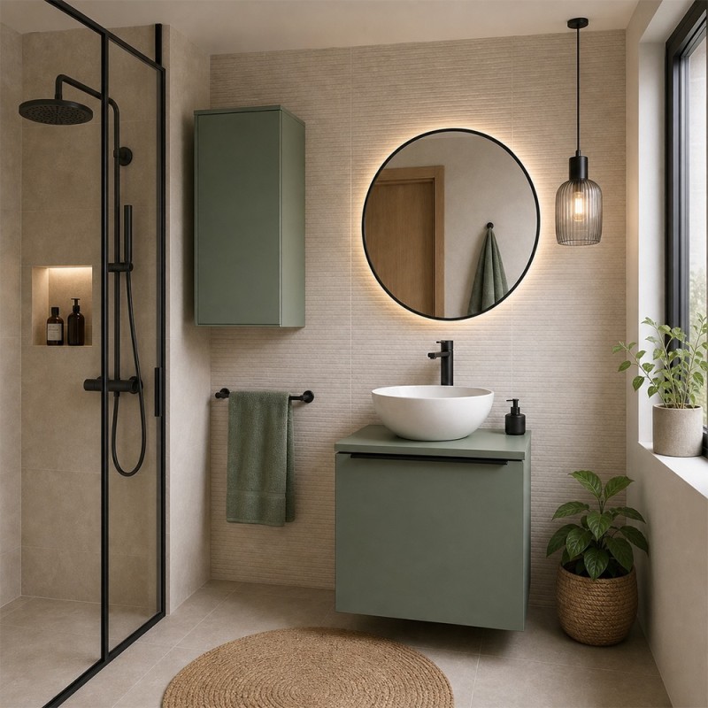 Set mobilier de baie Sombra Green, PAL melaminat, verde olive, blat verde olive, L.40 cm, dulap suspendat H.77 cm, SET-SOG B GREEN 40CM UC