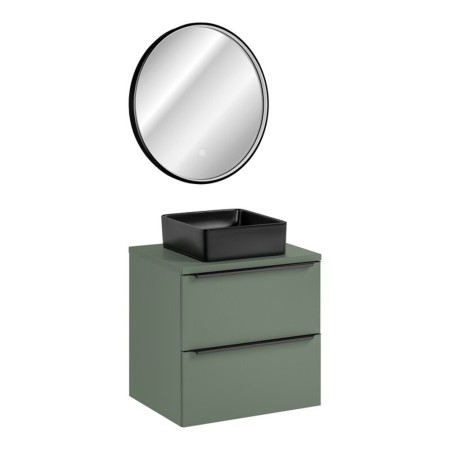 Set mobilier de baie Sombra Green, PAL melaminat, verde olive, blat verde olive, L.60 cm, lavoar Slim, oglinda LED, SET-SOG B GREEN 60CM UN SLIM-BL LU